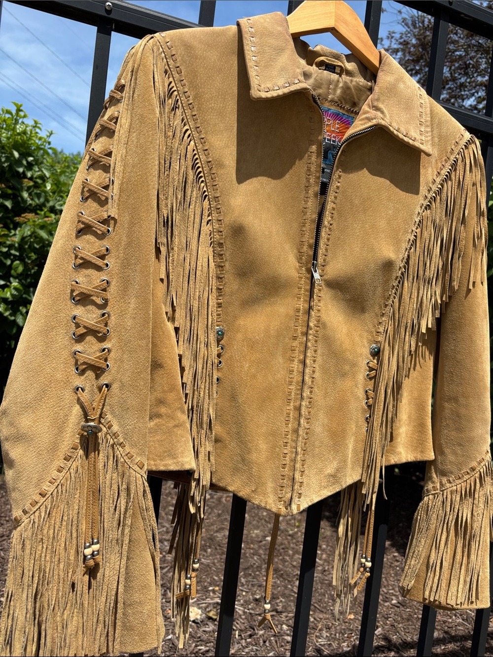 EUVC Rare Cripple Creek M L tan suede braided fringe leather coat VTG - Picture 15 of 17